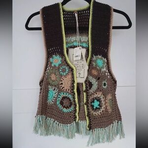 Free People Desert Rose Crochet Knit Vest Top Tank Fringe Brown XS NWT